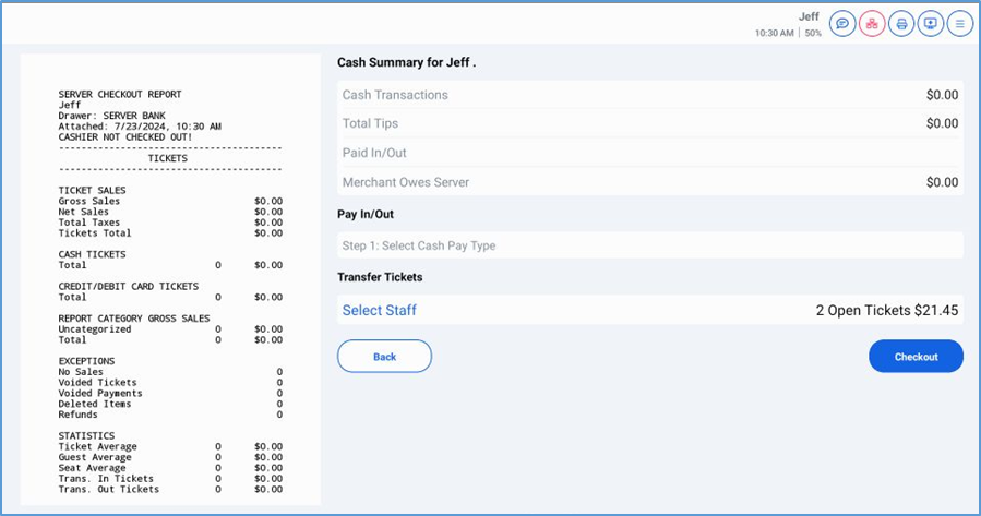 Server Bank screen — checkout report with cash summary