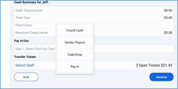 Pay In/Out — selecting cash pay type
