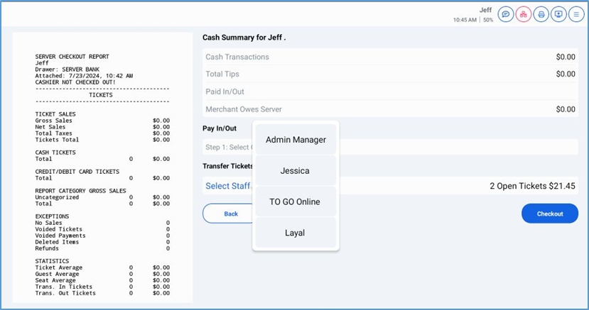 Transfer Tickets — selecting a staff member to receive tickets