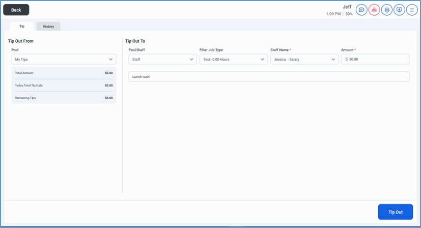 Tip Out — entering dollar amount and optional comment