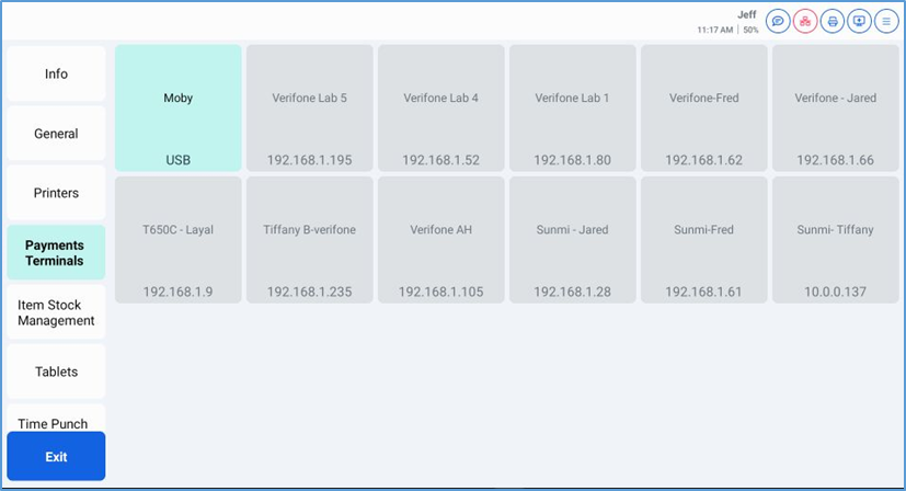 Payment Terminals screen — available terminals with status