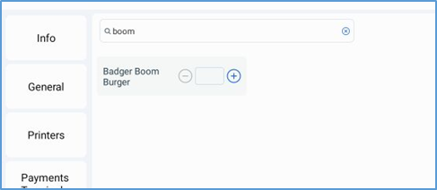 Stock Management — search results showing matching menu items