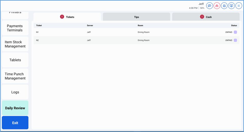 Tickets tab — open tickets list with number, server, and status