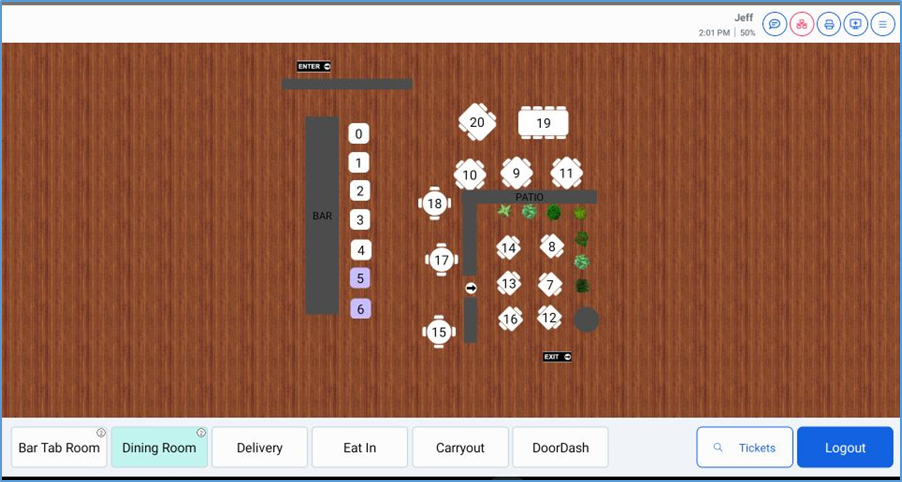 NextGen Room Screen — Table Service layout with table icons