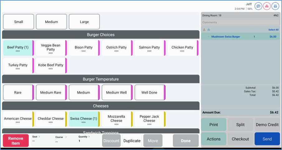 NextGen modifier options panel for a selected menu item
