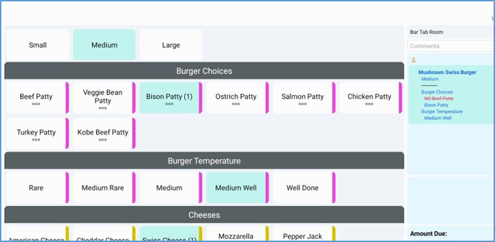 NextGen selected modifiers highlighted and added to ticket panel
