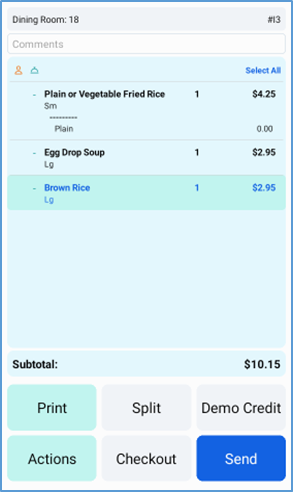 NextGen Ticket panel — itemized order with subtotal and action buttons