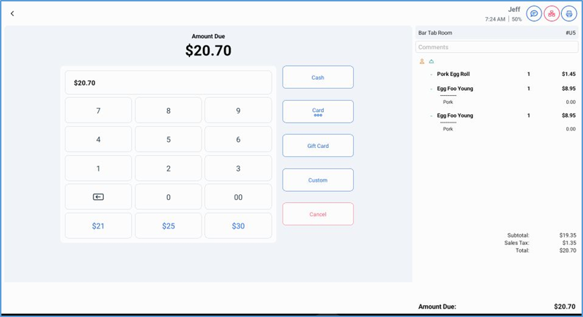 NextGen Payment screen — Card, Gift Card, Cash, Custom options