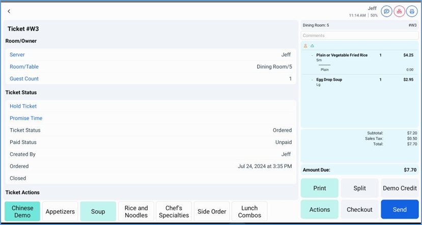 NextGen Ticket Info — server, room, table, hold status, payment