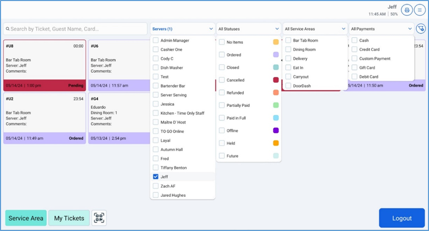 NextGen Ticket Search filters — Servers, Statuses, Areas, Payments
