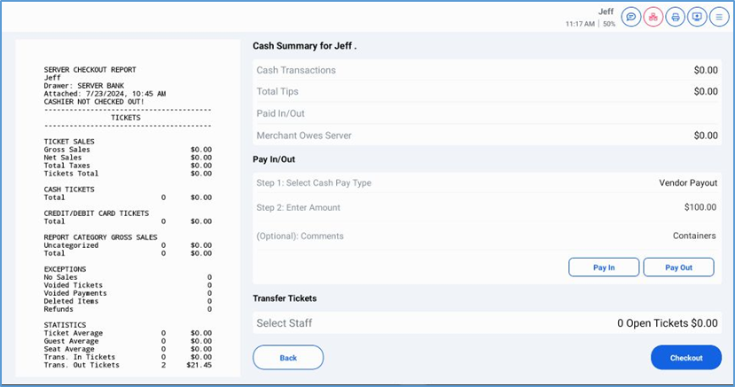 NextGen Pay In/Out — entering payment amount and comments