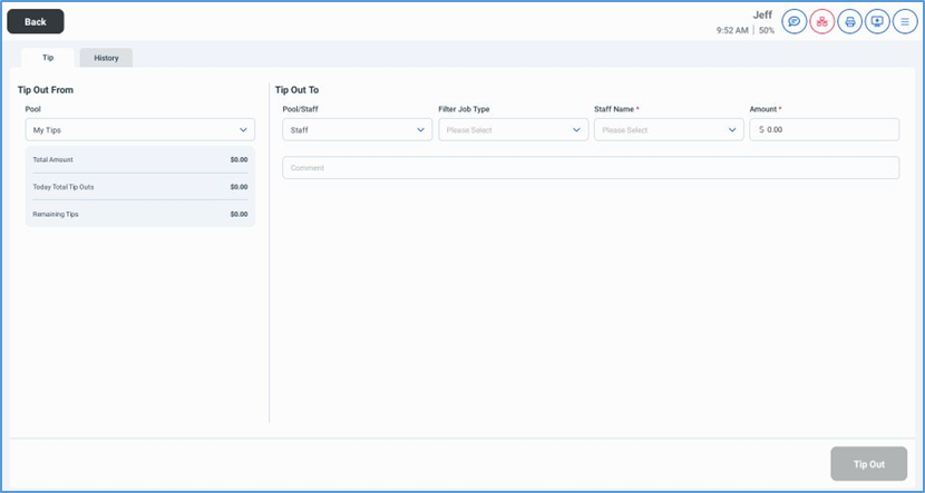NextGen Tip Out — selecting Staff recipient and job type filter