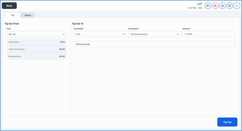 NextGen Tip Out to Pool — selecting pool as recipient