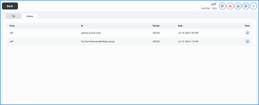 NextGen Tip Out History — past transactions with print buttons