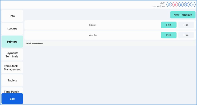 NextGen Printers screen — selecting default register printer