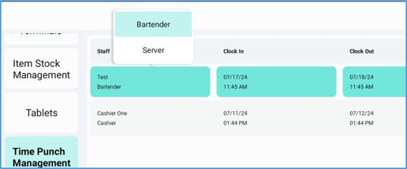 NextGen Time Punch — selecting job type for staff member