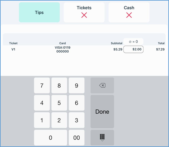 NextGen Tips tab — keypad entry for tip amount