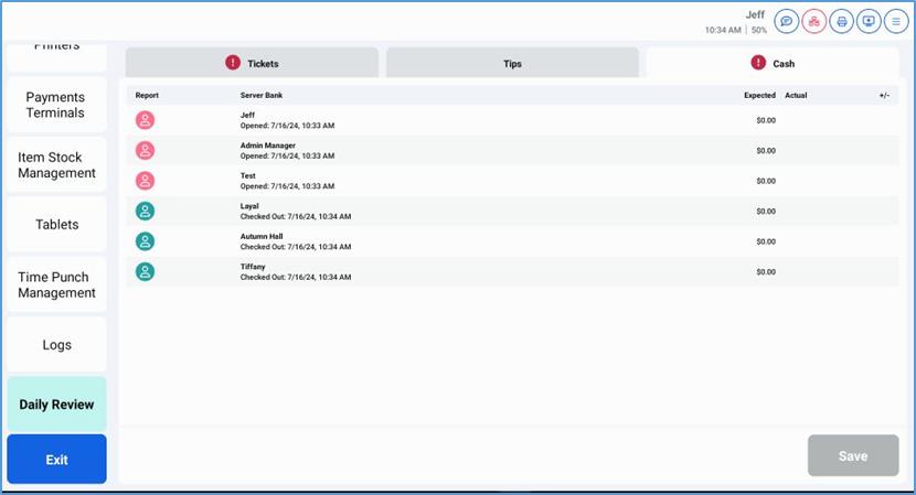NextGen Cash tab — server banks with expected and actual amounts